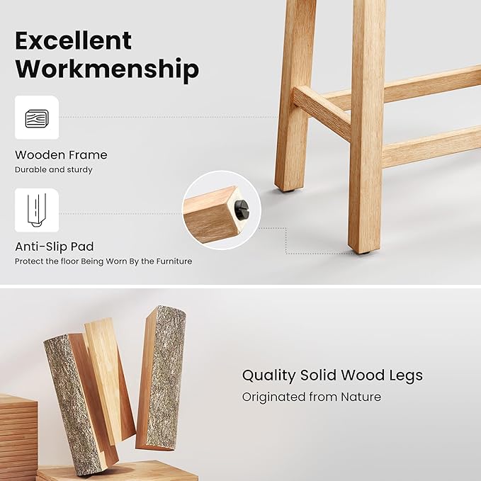 PHI VILLA Bar Stools - Solid Wood Legs Counter Height Barstools with Upholstered Saddle Seat, 24 inch Kitchen Counter Island Stools