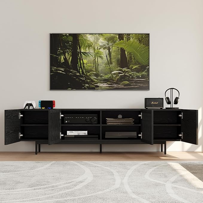 POVISON Full Assembled Mid-Century Modern TV Stand with Slatted Doors, Wood Media Console for 75 Inch TV, TV Console with Tall-cast Metal Legs, Entertainment Center with Storage for Living Room