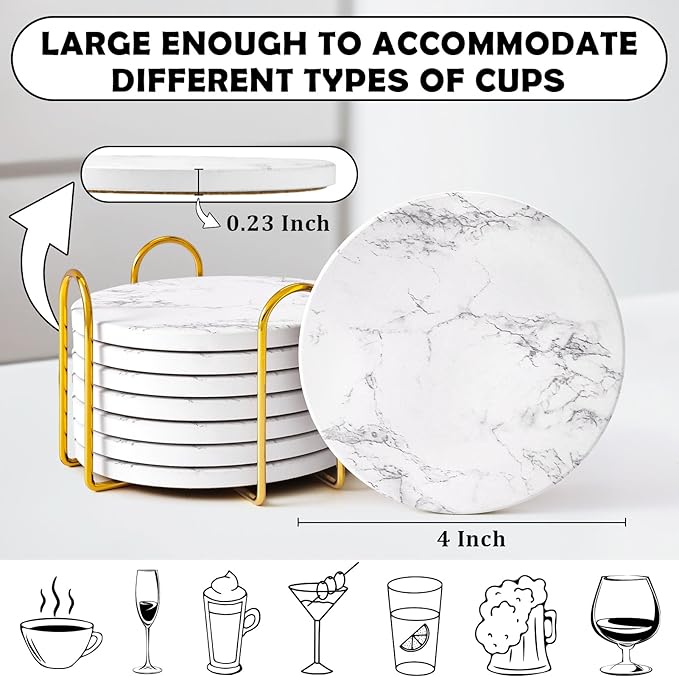 GOH DODD Coasters for Drinks Set of 8, Absorbent Stone Marble Style Ceramic Coaster Tabletop Protection Home Decor with Metal Holder for Coffee Table Housewarming Gifts Wedding Party, White, 4 Inches