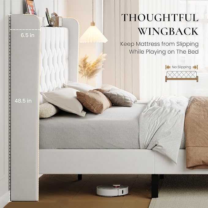 SHA CERLIN Queen Size Platform Bed Frame with Charging Station, Velvet Wingback Headboard with Storage Shelf, Wooden Slats Support, Ample Under-Bed Space, No Box Spring Needed, Easy Assembly, White