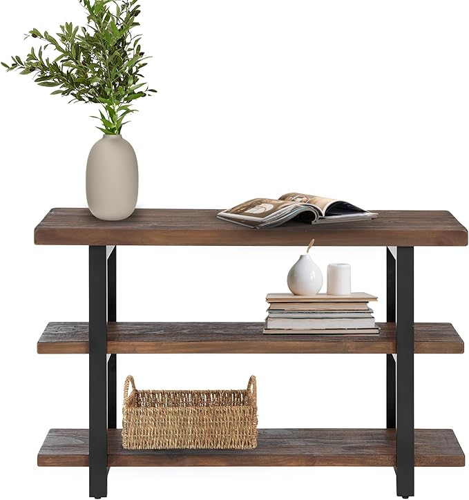 Alaterre Furniture Pomona 48" Solid Pine Wood Media Console Table with 2 Open Shelves and Metal Legs - 3-Tier Storage Display and Rustic Industrial Accent Furniture in Natural Finish