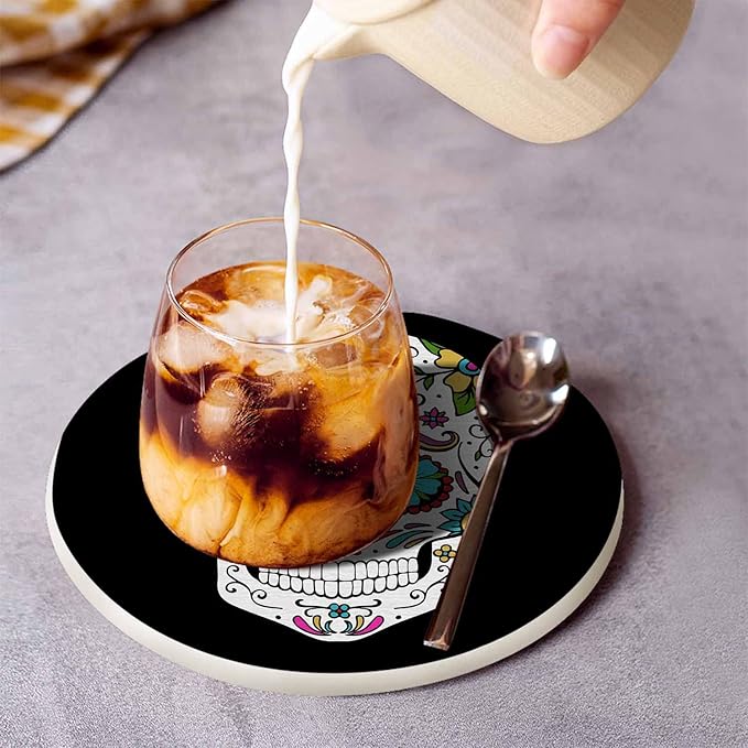 Sugar Skull Round Coaster for Home Coffee Table Human Head Mexican Spooky Skeleton Horror Bone Death Farmhouse Drink Coasters 100% Diatomite 4''X 4''X 0.35'' Printed Pattern