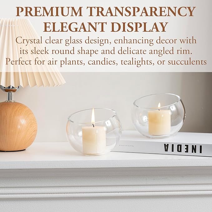 MyGift Premium Hotel Series 5 Inch Round Clear Glass Air Plant Terrariums, Mini Candy Bowl Jars, Tealight Candle Holders, Succulent Cactus Vases, Set of 4