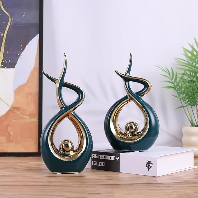 Gold Green Modern Sculpture Table Decorations, Ceramic Knick Knacks Statues for Living Room Decor, Tv Stand and Desk Decor, Suitable for Coffee Tables and Shelf Decorations, Great Gift Idea