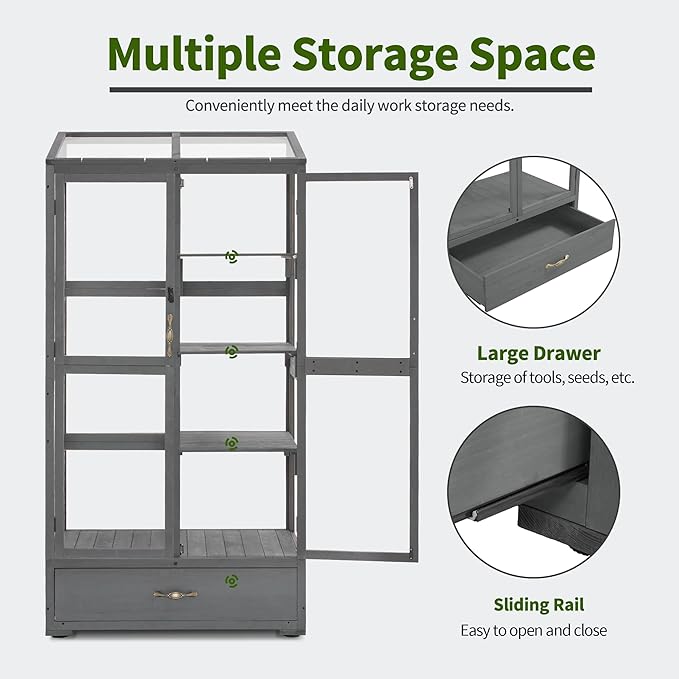 Macrout Cold Frame Greenhouse, Tall Wooden Greenhouse for Outdoor Indoor Use with Polycarbonate Panels, 3 Tier Garden Cold Frame with Drawer and Shelves, 0864 (Dark Grey)