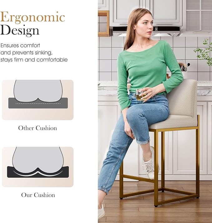 Sophia & William White & Gold Bar Stools, Counter Height Bar Stools with Backs, Modern PU Leather Bar Chairs, 24 Inch