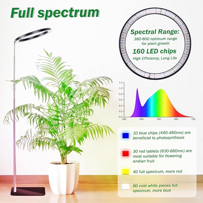10" Floor Grow Lights for Large Indoor Plants, Full Spectrum Indoor Plant Light for Indoor Growing with Timer 3/9/12H,Height Adjustable 9"-59", 9 Brightness,Led Tall Halo Grow Light for House Plants
