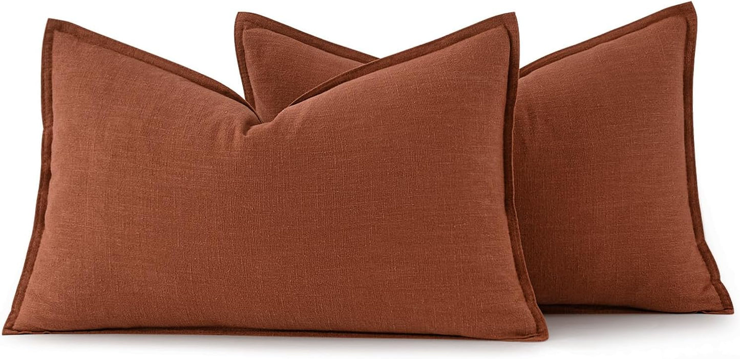 MIULEE Fall Decorative Linen Lumbar Pillow Covers 12x20 Inch Rust Boho Farmhouse Neutral Couch Throw Pillows for Bed Pack of 2 Accent Modern Pillowcase Summer Sofa Livingroom Home Decor