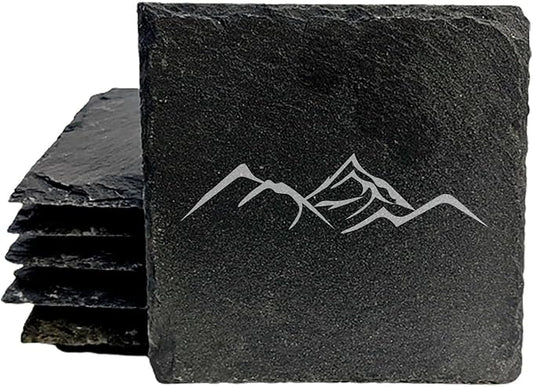 Mountain Majesty Slate Coasters with Stunning Mountain Scene Design - Perfect for Home and Office Decor and Protection of Surfaces, Available in Square or Round Coasters - Square Slate - Set of 5