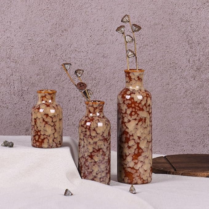 Ceramic Vase Set of 3, Modern Home Decor Distressed Rift Ceramic Small vase for Country Home Decoration, Living Room Decor, Table Decor, and Entrance Decoration(Vase-B)