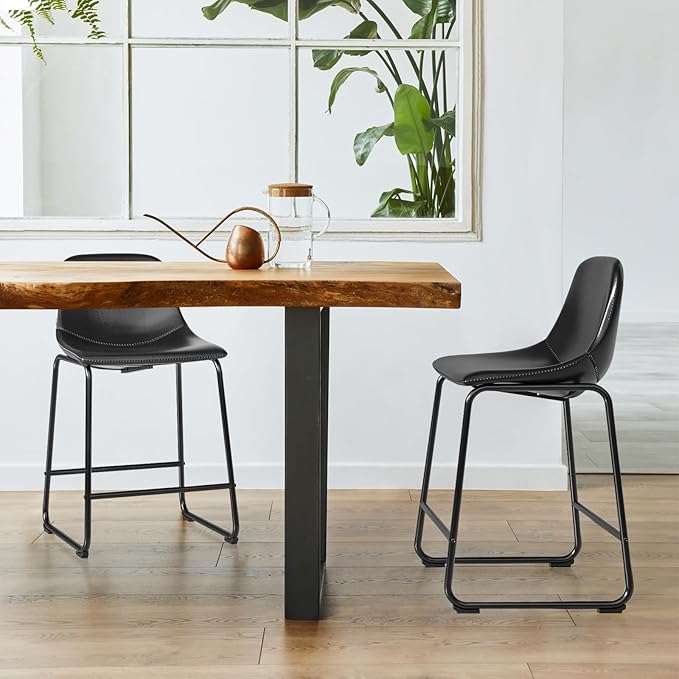 Rfiver Pu Faux Leather Bar Stools Set of 4, Industrial Pub Barstools with Back and Footrest, Modern Armless Bar Height Stool Chairs (Black, 24" Counter Chair x4)