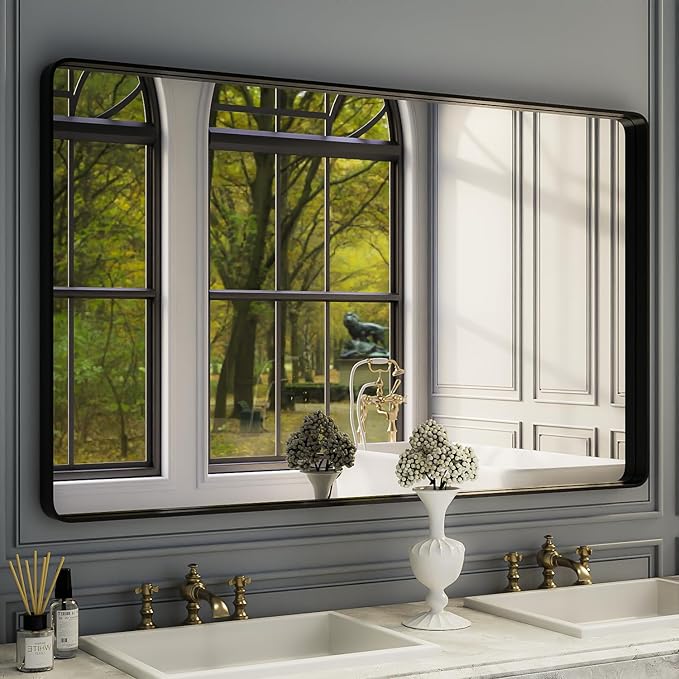 ISKM Large Black Framed Mirror for Bathroom 60" x 36" Wall Mounted Mirror Black Metal Framed Bathroom Mirror for Wall Round Corner Hangs Horizontal Or Vertical