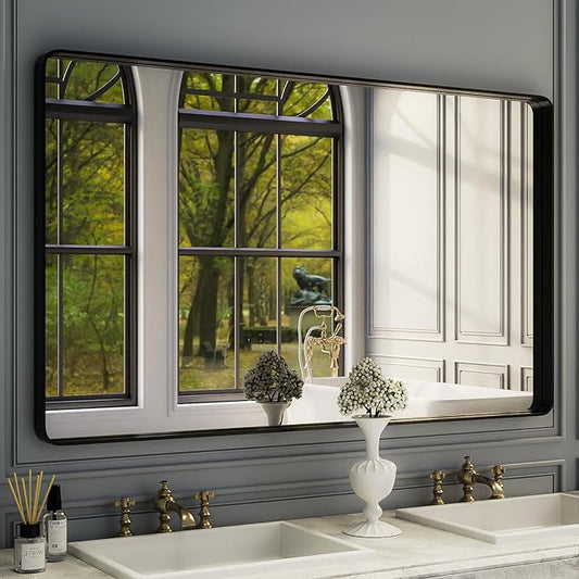 ISKM Large Black Framed Mirror for Bathroom 60" x 36" Wall Mounted Mirror Black Metal Framed Bathroom Mirror for Wall Round Corner Hangs Horizontal Or Vertical