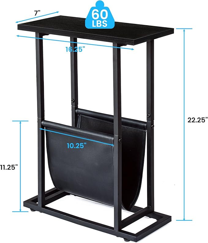 Narrow Side Table with PU Leather Magazine Holder Rustic Slim Little Thin Table for Living Room, Bedroom, Sofa, Black