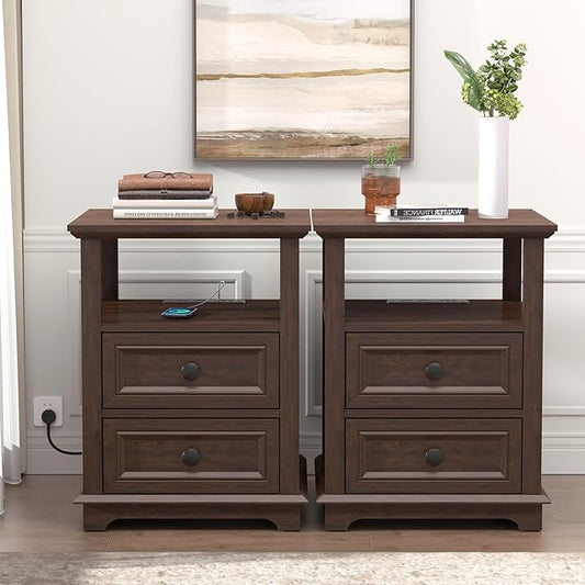18" Wide End Table with Fast Charging Station Set of 2, 18” Wide Sofa Side Table with Drawers,End Table with Drawers for Living Room,Cherry