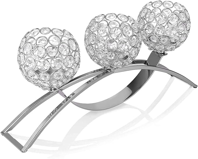 Crystal Candle Holders, 3 Arms Crystal Candelabras, Coffee Table Decorative Centerpieces for Living Room,Dinning Room Christmas Decoration, Wedding Decor,Home Decor,Wedding Gifts(Silver)