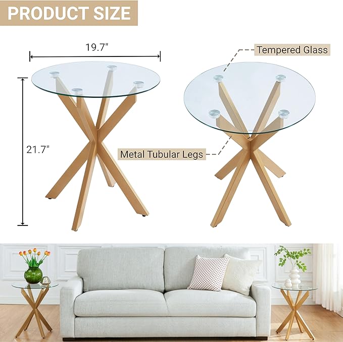 Modern Glass End Table, Small Round Side Table for Couch, Sofa Table with Clear Tempered Glass Top for Living Room, Bedroom, Bedside, 19.7" Wx21.7 H Gold