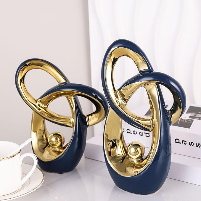 Blue Gold Modern Abstract Art Home Accents, Coffee Table Decor for Living Room, Table Centerpieces for Dining Room, Ceramic Sculptures for TV Stand Decor