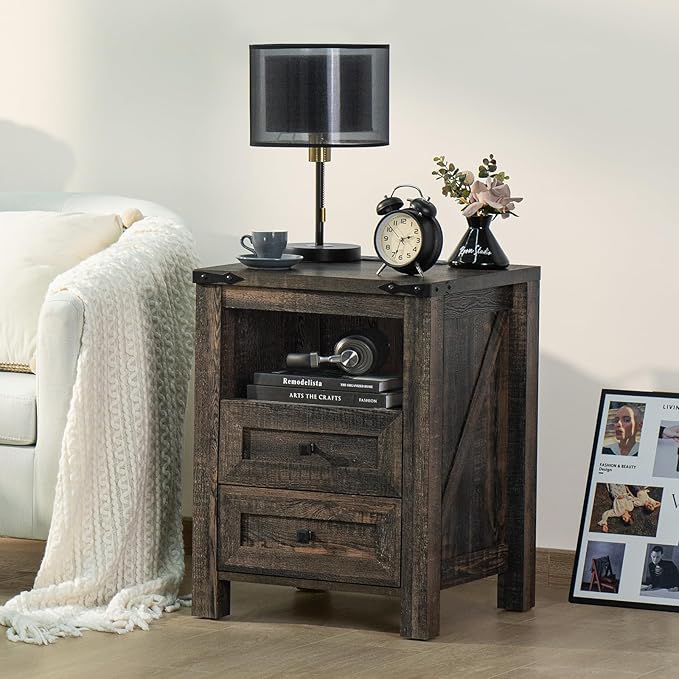 Nightstands Set of 2 with Charging Station, Farmhouse Night Stand with 2 Drawers and Shelf Storage, Wooden Side End Table, Bedside Cabinet for Bedroom, Living Room, Closet,Office (Dark Drey)