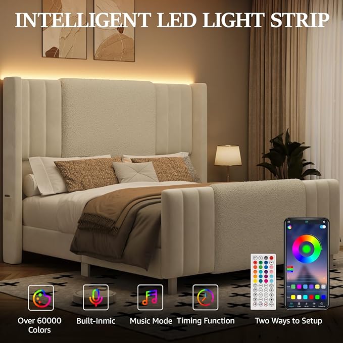 King Size Bed Frame with Tall Headboard and Footboard, Boucle and Velvet Upholstered Bed Frame King with LED Lights, Modern Platform Bed Frames, Noiseless, Easy Assembly, White