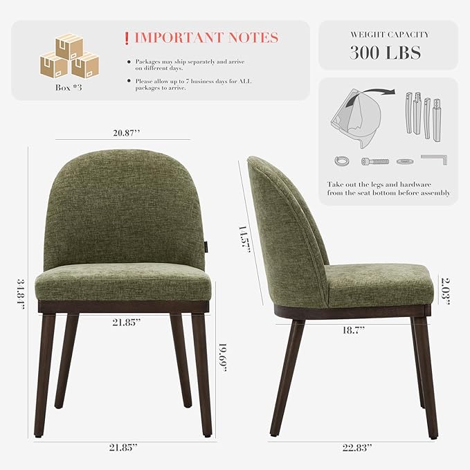 Upholstered Dining Chairs Set of 6, Large Dining Room Kitchen Chairs with High Back and Deep Seat, Modern Fabric Dinner Chairs with Wood Legs, Green