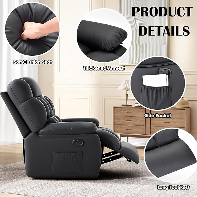 Oversized Recliner Chair, Leather Adjustable Recliner with Side Pockets, Living Room Reclining Lounge Chair for Adults, Small Spaces Comfy Sofa with Theater Seating for Bedroom, Black