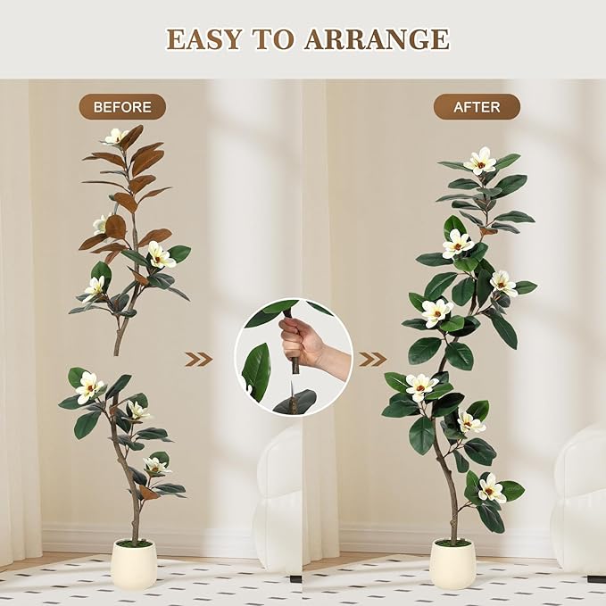 6FT Tall Artificial Rubber Tree with White Planter, Large Fake Magnolia Tree with Flowers & Green Leaves, Big Faux Floor Plant for Indoor Living Room Office Home Decor