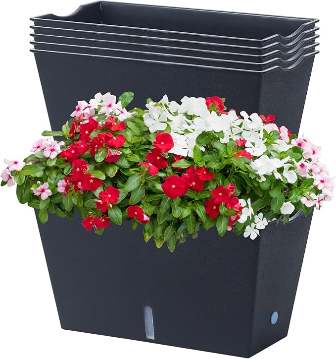 Window Box Planter 6 Pcs, 12.1 Inches Self Watering Plant Pots Rectangle Flower Pots with Drainage Holes and Breathable Trays, Vegetable Planters for Windowsill Patio Garden Balcony Porch Yard (Black)