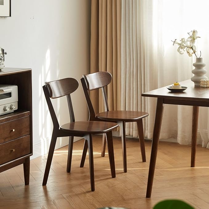 Mid Century Oak Wood Dining Chairs Set of 2, 100% Solid Wood Kitchen Chair with Rounding Edges & Curved Backrest, Modern Armless Accent Dining Chairs for Kitchen Dining, Walnut