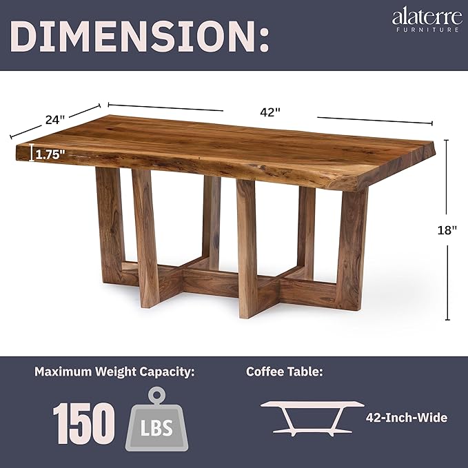 Berkshire 42-Inch Live Edge Coffee Table – Handcrafted Solid Acacia Wood in Minimalist Design and Natural Finish with Cross-Braced Wood Legs and Floor Protectors – Modern Living Room Furniture