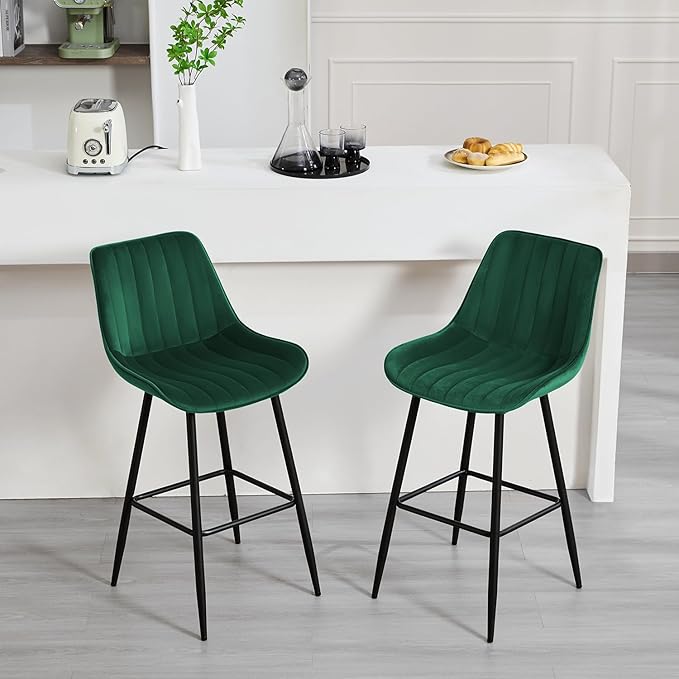 24" Bar Stools Set of 2, Counter Height Bar Chairs with Back, Modern Velvet Upholstered Barstools, Kitchen Island Stools for Bar, Kitchen Counter, Top Height 35"-38", Green