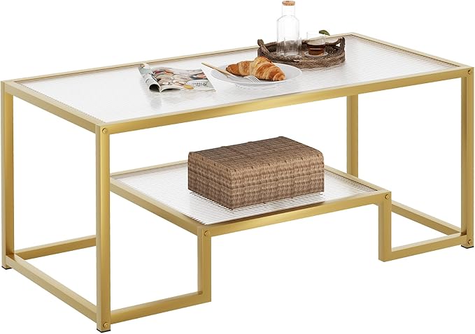 Coffee Table Gold Glass Coffee Table for Living Room,2 Tiers Rectangle Center Table with Ribbed Glass Top and Sturdy Metal Frame,Modern Glass Accent Table for Bedroom Home Office