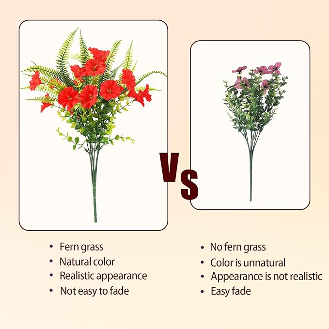 Artificial Flowers Outdoors 12 Bundles Artificial Petunias Fake Flowers UV Resistant Shrubs Plants with Fern for Indoor Outside Hanging Planters Home Garden Summer Decorations (Red)
