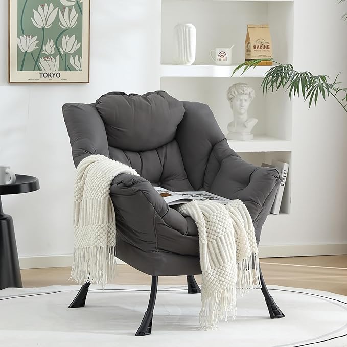 Welnow Lazy Chair for Living Room, Modern Reading Lounge Accent Chair with Armrests and a Side Pocket, Leisure Upholstered Lazy Sofa for Small Space, Bedroom, Dorm, Dark Grey