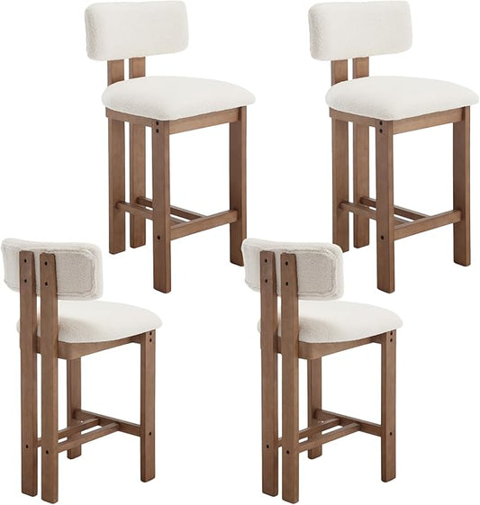 Upholstered Farmhouse Counter Height Bar Stools Set of 4 White Sherpa Barstools with Back/Solid Wood Legs, Modern Bar Chairs for Kitchen Island/Home Bar/Pub, 26 Inch