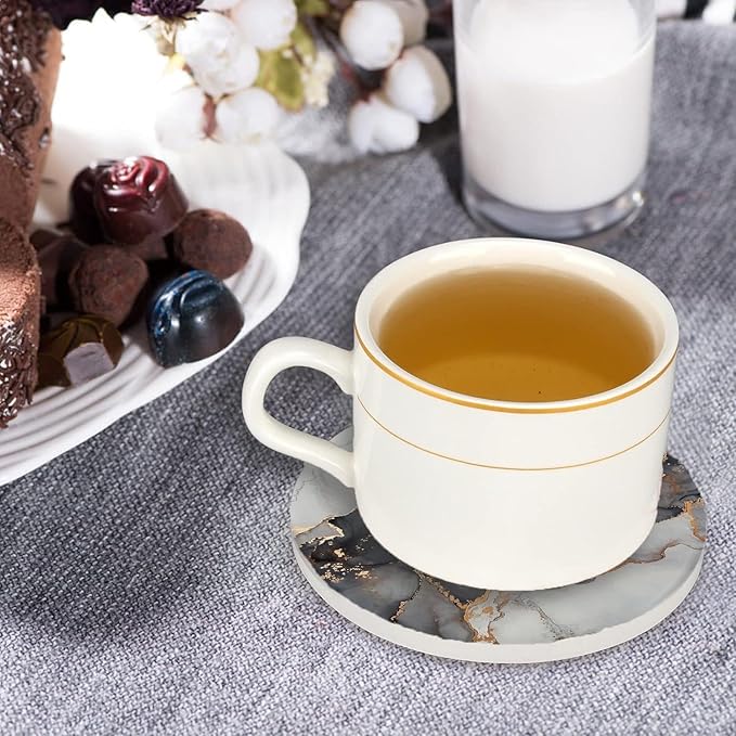 Ceramic Drink Coasters Set of 4 with Holder Round Water Absorbent Grey Gold Fashion Marble Coasters Tabletop Protection (Cork Base),Suitable for Various Mugs,Home Decor,4 Inch