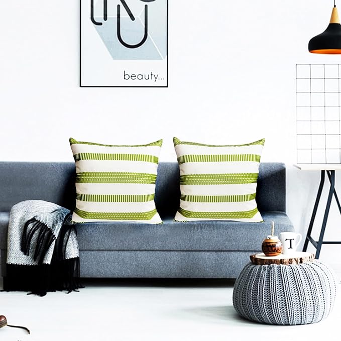 Decorative Throw Pillow Covers Set of 2 Grass Green Boho Striped Pillow Covers 18x18 Inch Throw Pillow Cover Linen Pillowcase Farmhouse Outdoor Pillow Covers for Couch Sofa Living Room