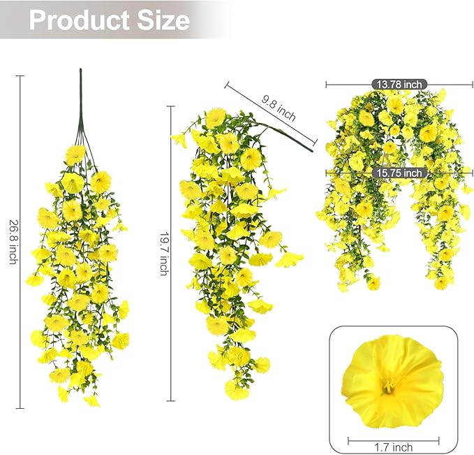 Artificial Flowers for Outdoors Decoration, 4Pcs Fake Hanging Flowers Morning Glory UV & Fading Resistant, Artificial Faux Plants Deocr for Home Porch Patio Balcony Planter Yard Garden Farmhouse