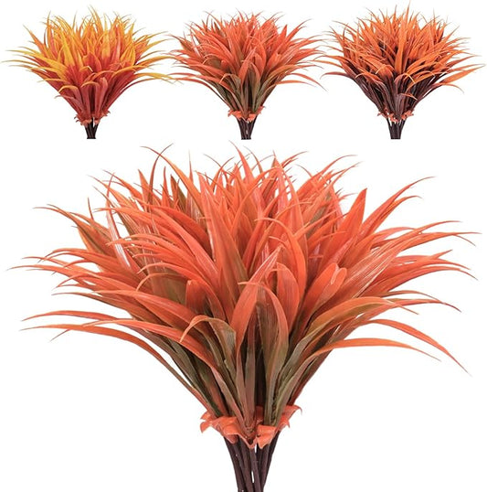 8 pcs Fall Artificial Flowers for Decoration, Fake Artificial Tall Grass Plants for Outdoors, Orange Faux Tropical Greenery Autumn Front Porch Patio Garden Outside Plastic Shrubs Bushes