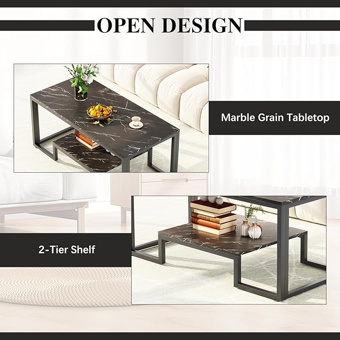Coffee Table Black Table for Living Room,2 Tiers Rectangle Center Table with Sturdy Metal Frame,Modern Black Faux Marble Coffee Table for Bedroom Home Office