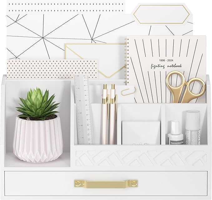 Bamboo Desk Organizer with Drawers, Mail Organizer Countertop Wood Desk Drawer Tabletop Storage Organization Pen Holder Letter Sorter Makeup Organizer for School Home Office (White)