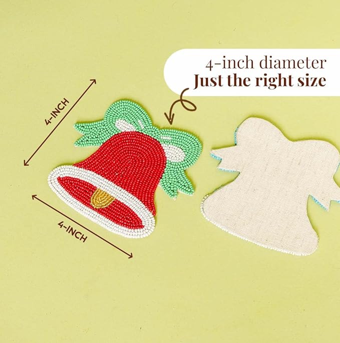 Folkulture Coasters Set of 4 | (4") Round Coaster for Coffee Table | Holiday Coasters for Christmas Décor | Coaster for Coffee Table for Cute Boho Gifts for Women | (Merry Bell)