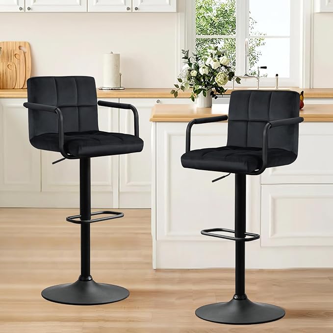 Furniliving Adjustable Barstools with Back, Black bar stools Set of 2, Velvet 360°Swivel Bar Stools, Double Stitching Counter Stools for Kitchen, Bar (Black)