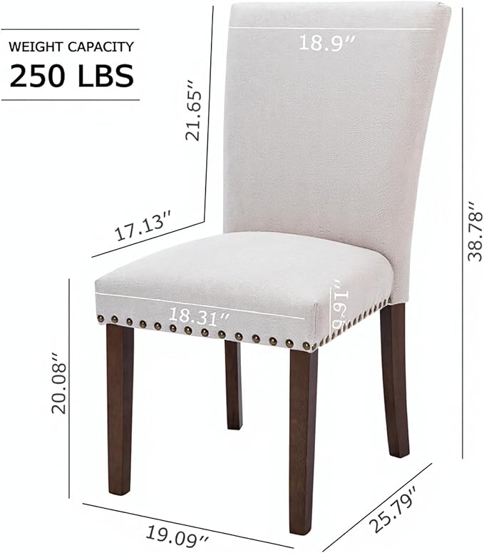 Set of 2 Beige Upholstered Dining Chairs – Farmhouse Kitchen Chairs with High Back, Solid Rubberwood Legs, Padded Foam Seat & Bronze Nailhead Trim, Comfortable Dining Room Chairs for Home, Living Room