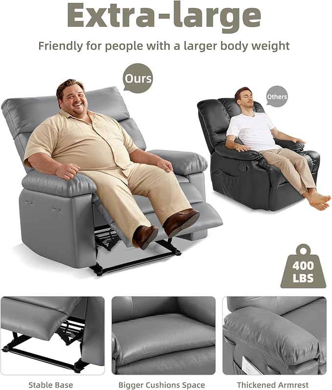 GarveeHome Oversized Recliner Chair - PU Leather Manual Recliner for Adults, Lazy Chair with 1.5X Sponge Comfort Arm and Back for Living Room, Bedroom
