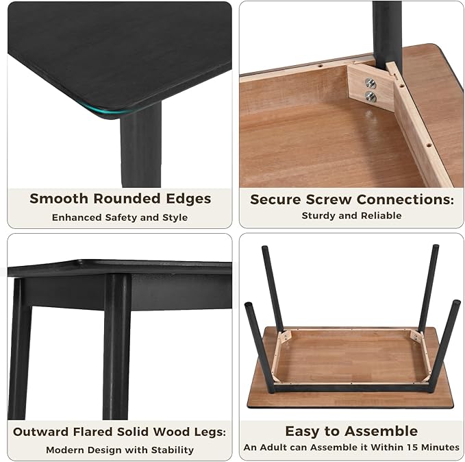 DELAVIN 47.2" Rectangle Solid Wood Dining Table, Modern Kitchen Table, Oak Dining Room Table, Easy Assembly, Black