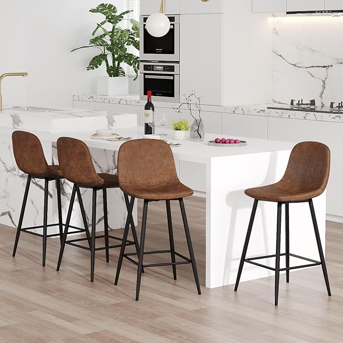 Counter Height Bar stools Set of 4, 24.6" Brown Kitchen Bar Stools with Back & Metal Footrest, Modern Island Chairs Set of 4 for Kitchens Island Home Bar
