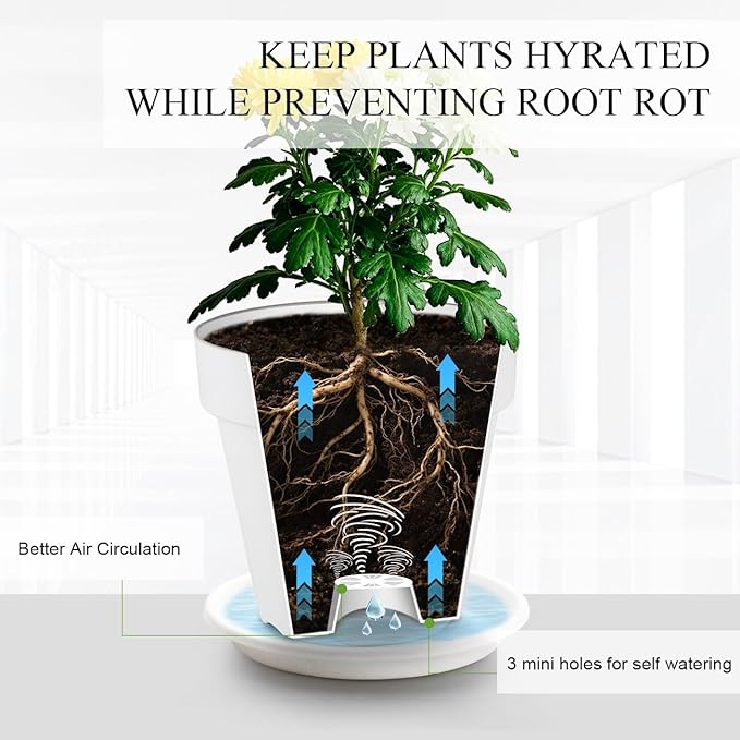 3-Pack 8/9/10 Inch Plastic Plant Pots with Saucers – Durable BPA-Free Planters with 21 Drainage Holes, Raised Bottom Breath and Bottom Watering Design for Indoor & Outdoor – White