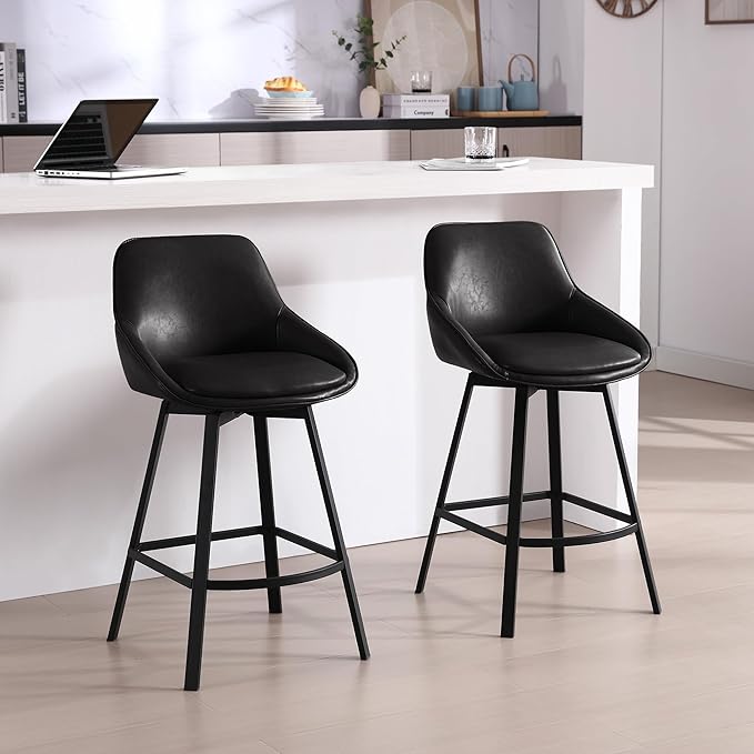 Zesthouse Swivel Counter Height Stools Set of 3, Modern Upholstered Barstools with Backs, 26'' Faux Leather High Chairs for Island Kitchen, Counter Height Chairs with Metal Legs, Black