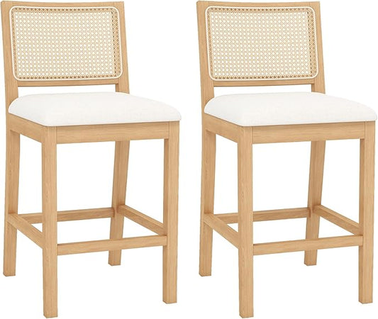 Westice Rattan Bar Stools Set of 2, 26" Farmhouse Counter Height Stools with Natural Rattan Back and Wood Frame, Upholstered Line Fabric Seat Cushion, Wooden Stools for Kitchen Island/Pub, Natural